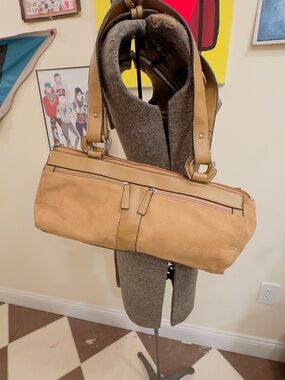 Emilie M. Tan Faux Leather  Bag with Dual Zip Pockets and Striped Lining